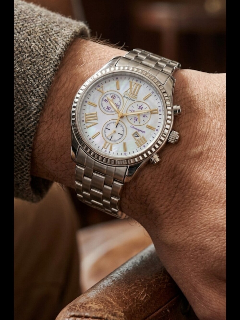 Citizen ECO-DRIVE Silver Chronograph Watch with PURPLE ACCENTS